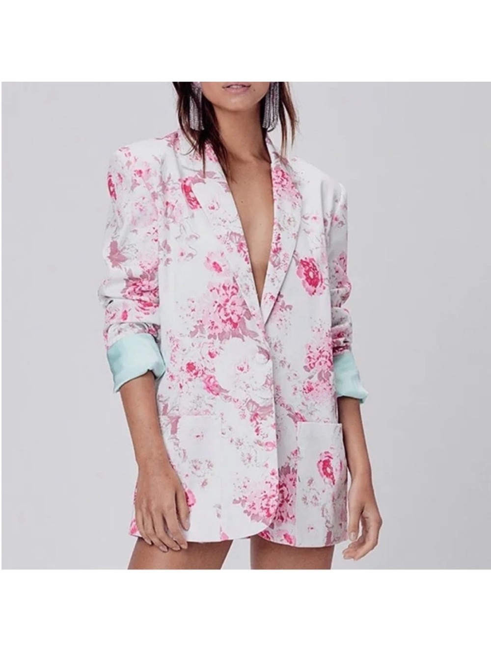 For Love & Lemons Floral Blazer Jacket in White and Pink small Anthropologie